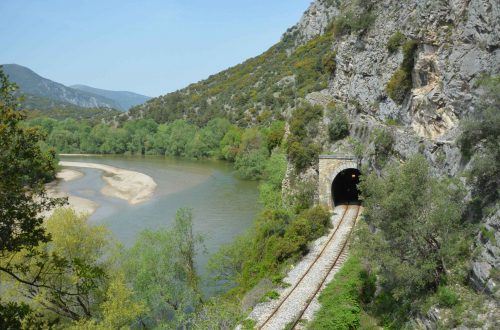a railroad and a tunnel next to Nestos river